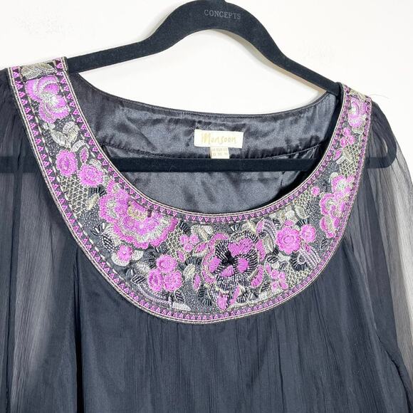 MONSOON black flowy sheer sleeve silk dress w/pink beading & embroidery size 18 - Picture 3 of 6